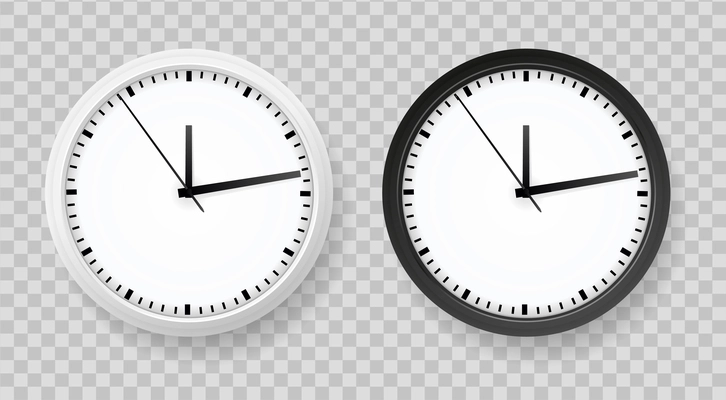 Realistic office clock set on transparent background with two isolated round clock images white and black vector illustration