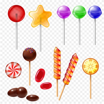 Realistic sweets set with isolated images of lollipop sweets with colorful sticks candies on transparent background vector illustration