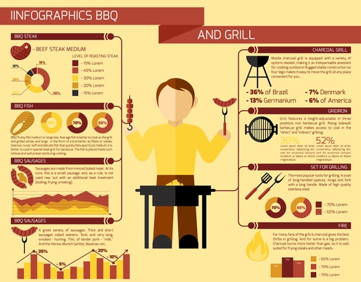 Bbq grill infographics set with food cooking symbols and charts vector illustration