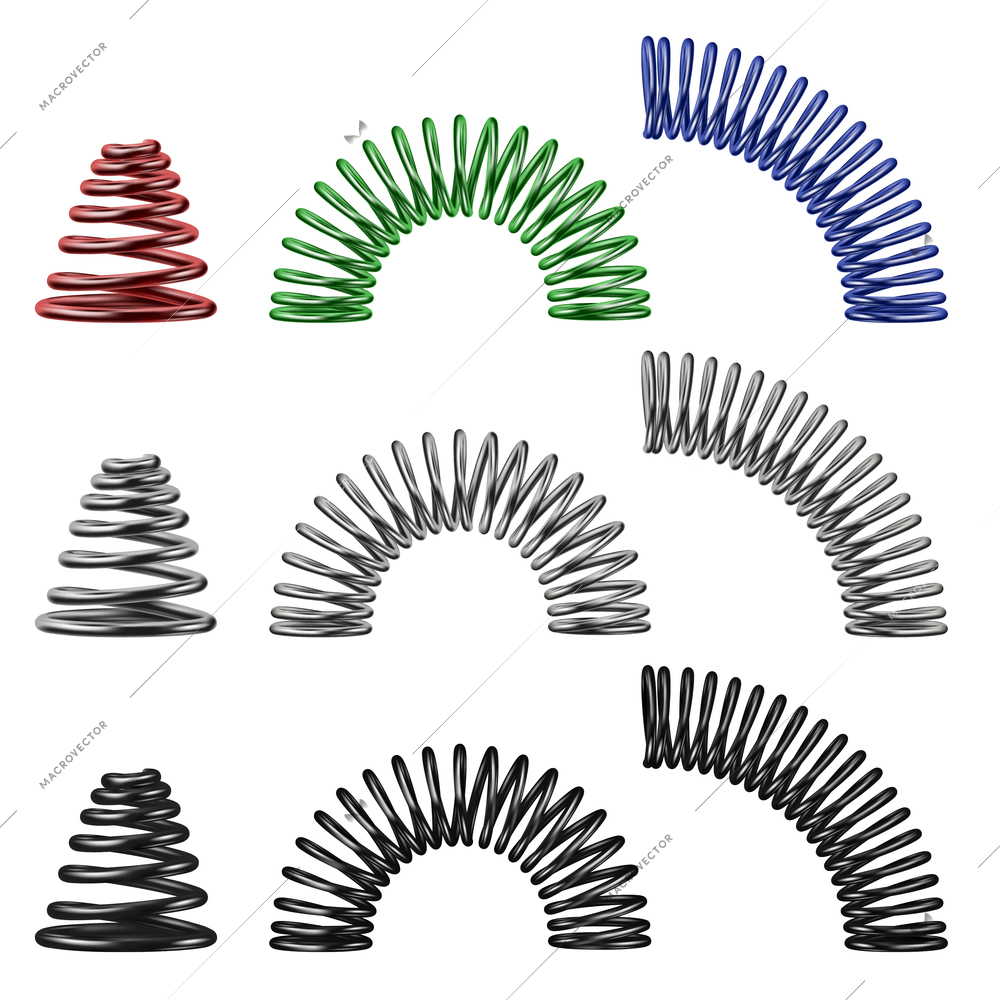 Metal spring realistic color set with different shape isolated vector illustration