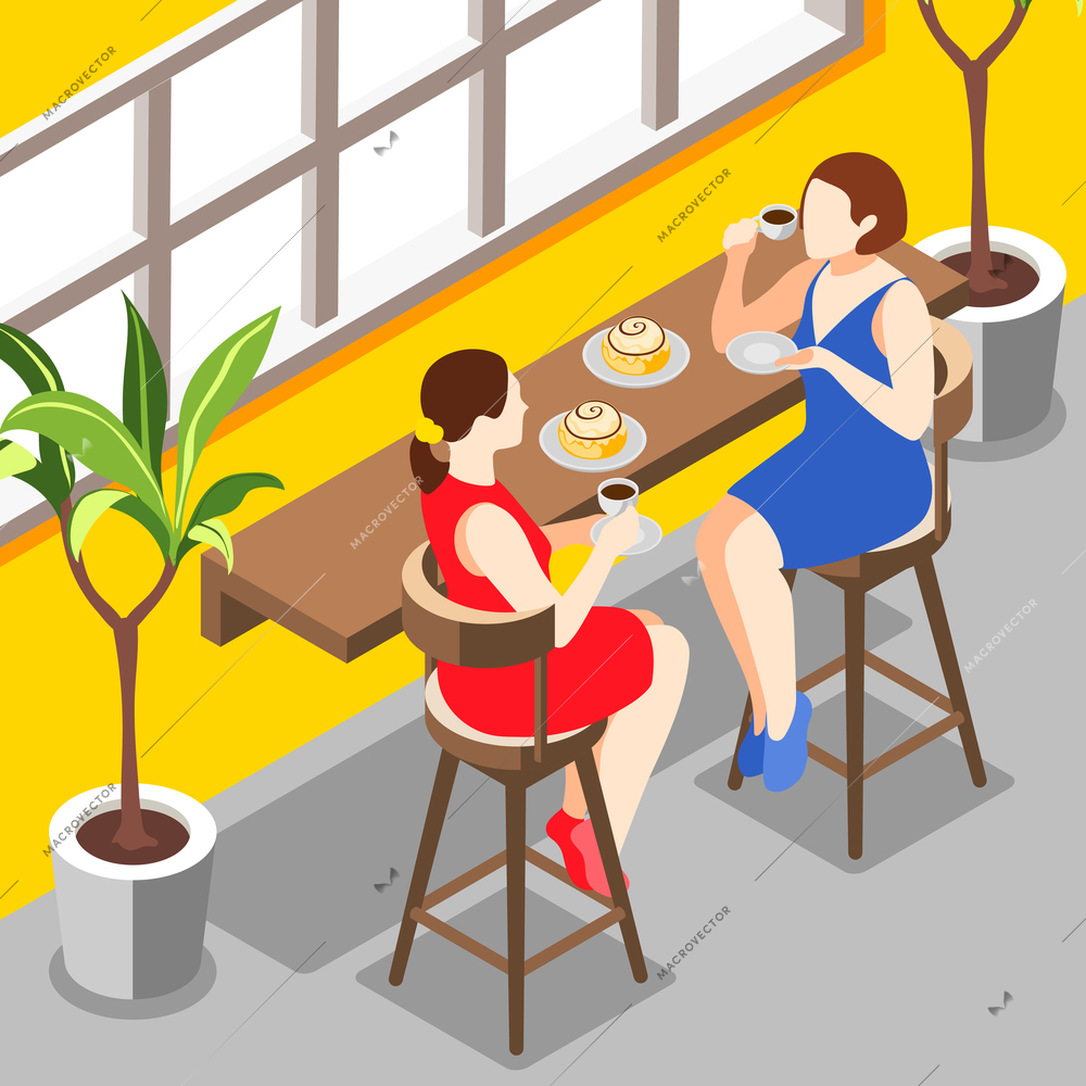 Meeting in cafe isometric background with two girls drinking coffee with cakes 3d vector illustration