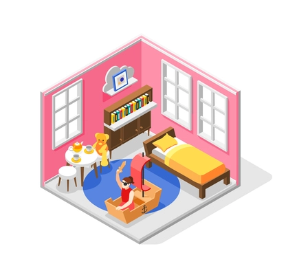 Cardboard toys and kid concept with handmade ship symbols isometric vector illustration