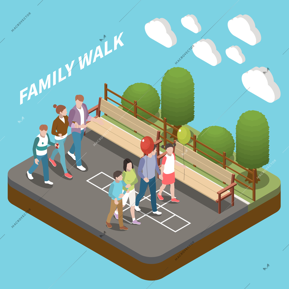 Family walking together in city park isometric composition on blue background 3d vector illustration