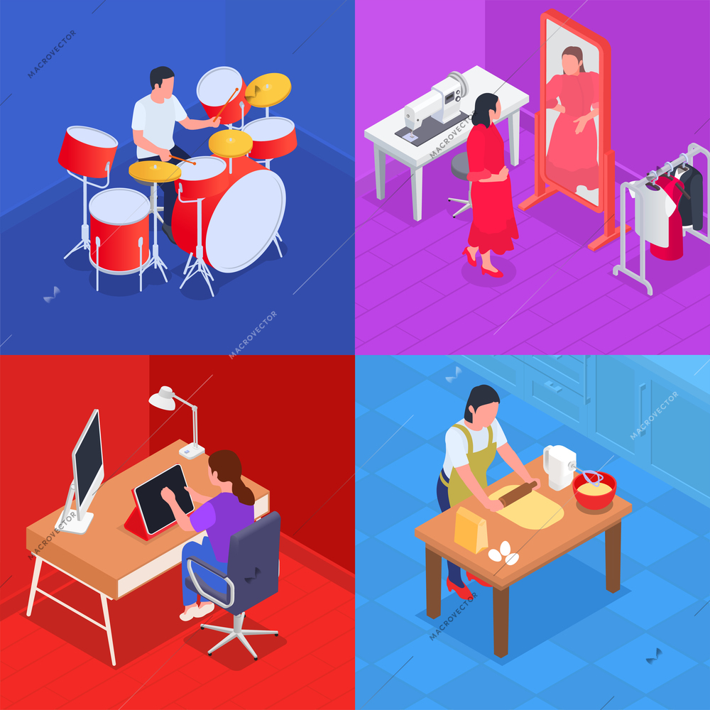 Isometric hobby 2x2 set with people spending their leisure time doing different activities 3d isolated vector illustration