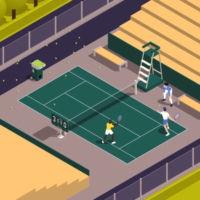 Tennis isometric colored composition three players practice on a tennis court against an automatic ball serving machine vector illustration