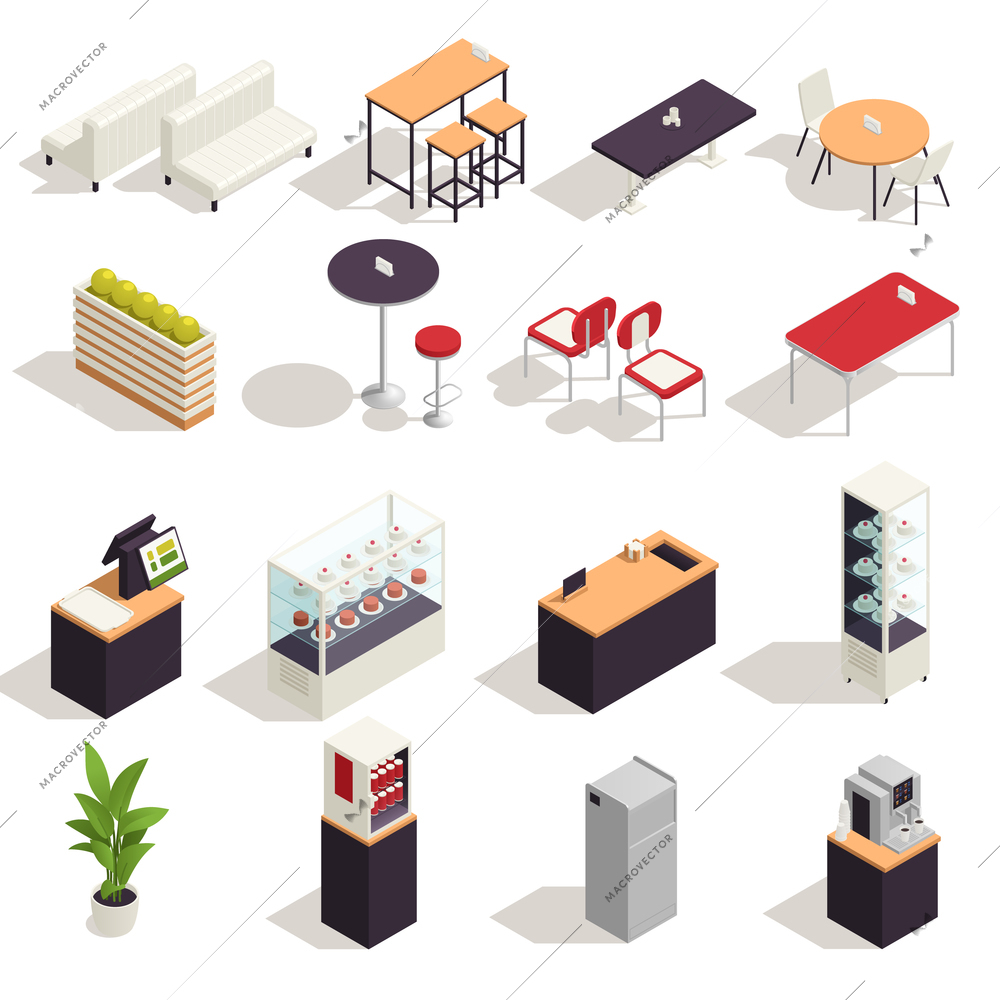 Food court elements isometric icon set counters showcases tables with chairs for visitors shelves and self service cash desks coffee machines vector illustration