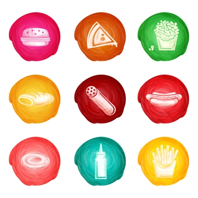 Fast food watercolor decorative icons set with hamburger pizza popcorn isolated vector illustration