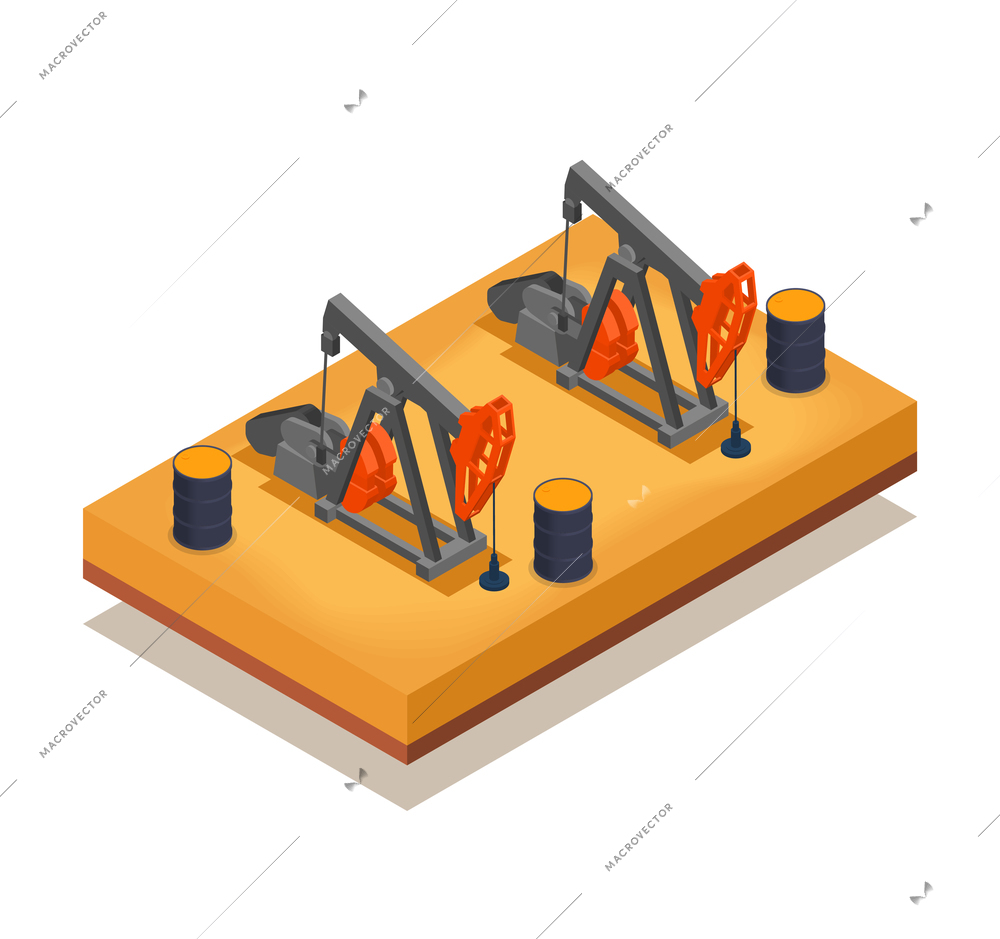 Natural resources oil extraction isometric composition with two pumpjacks and barrels 3d vector illustration