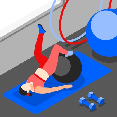 Fitness ball workout isometric background with character of lying girl with legs on ball in gym vector illustration