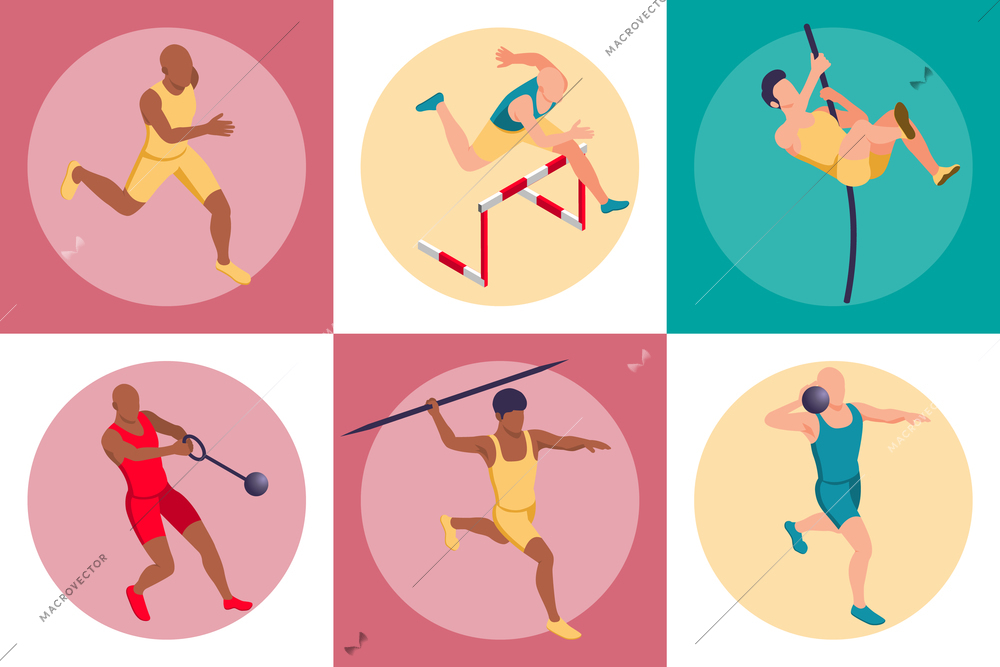 Set with isolated round compositions with human characters of sportsmen wearing colorful uniform with athletics apparatus vector illustration