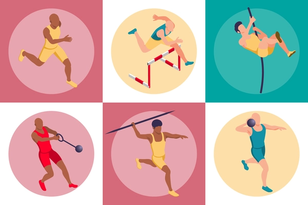 Set with isolated round compositions with human characters of sportsmen wearing colorful uniform with athletics apparatus vector illustration