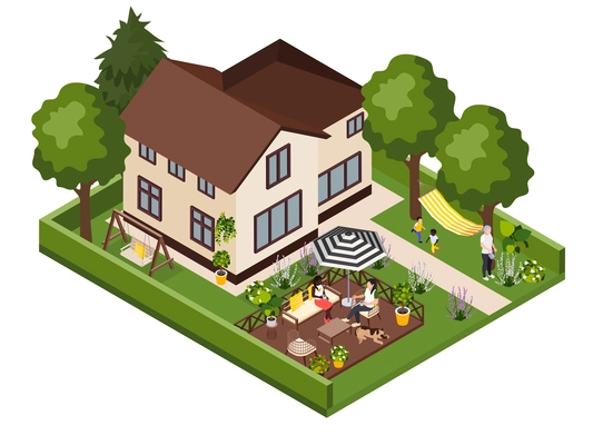 Garden furniture isometric composition with outdoor scenery and town house with chill spot swing and hammock vector illustration