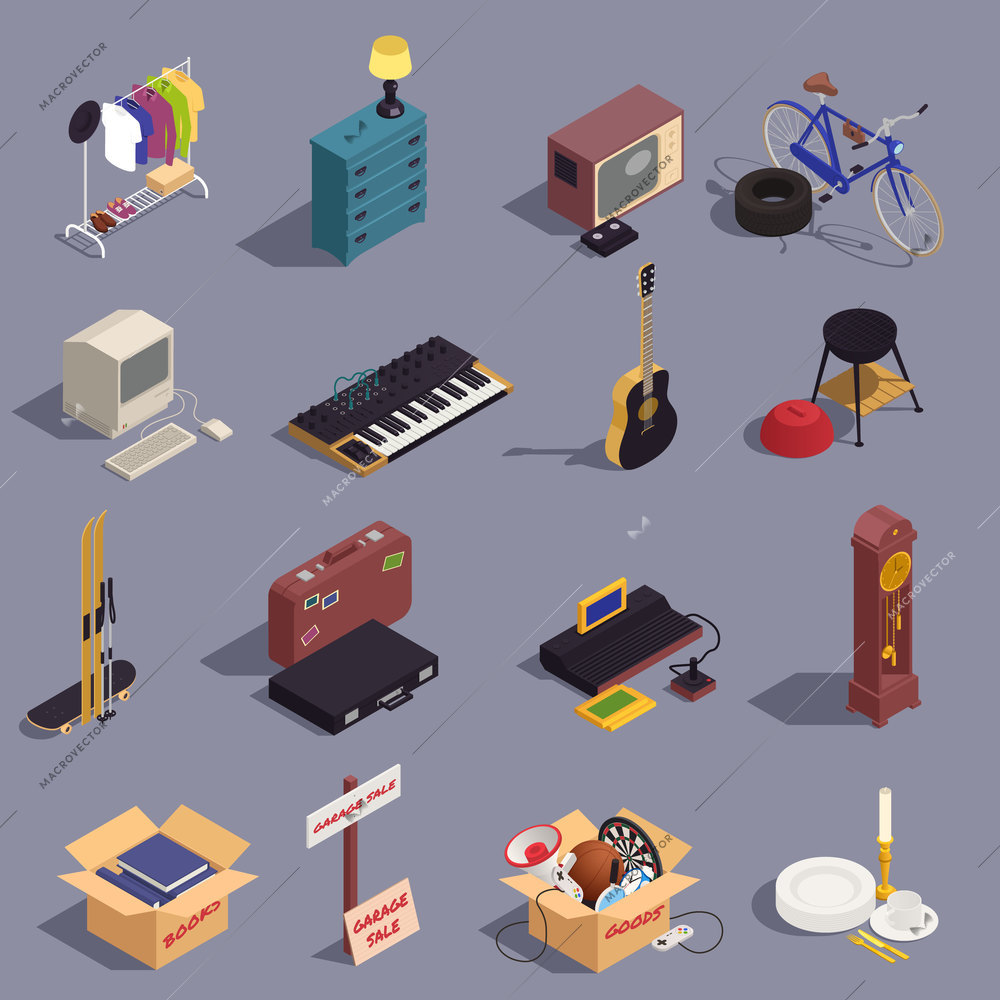 Flea market and garage sale isometric icons set with vintage goods isolated vector illustration