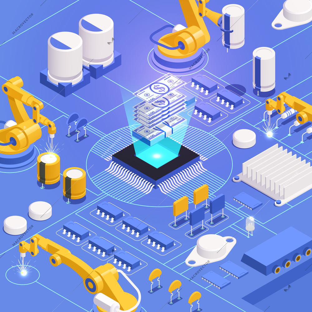 Digital transformation and digitalization isometric composition with circuit board vector illustration