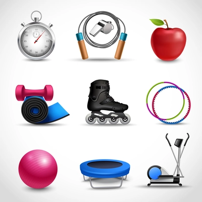 Fitness and sport icons set with stopwatch apple dumbbell isolated vector illustration