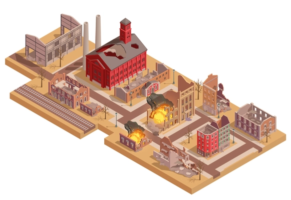 Ruined burning buildings in destroyed city isometric vector illustration