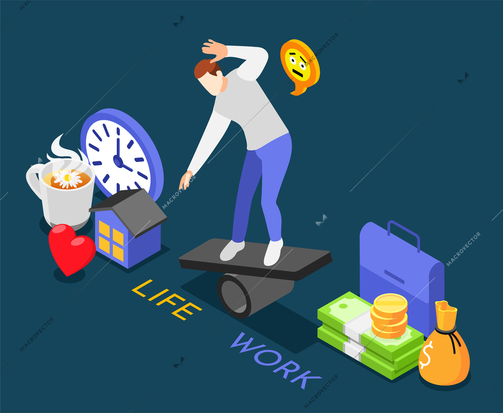 Human character trying to keep balance between life and work isometric concept on colored background 3d vector illustration