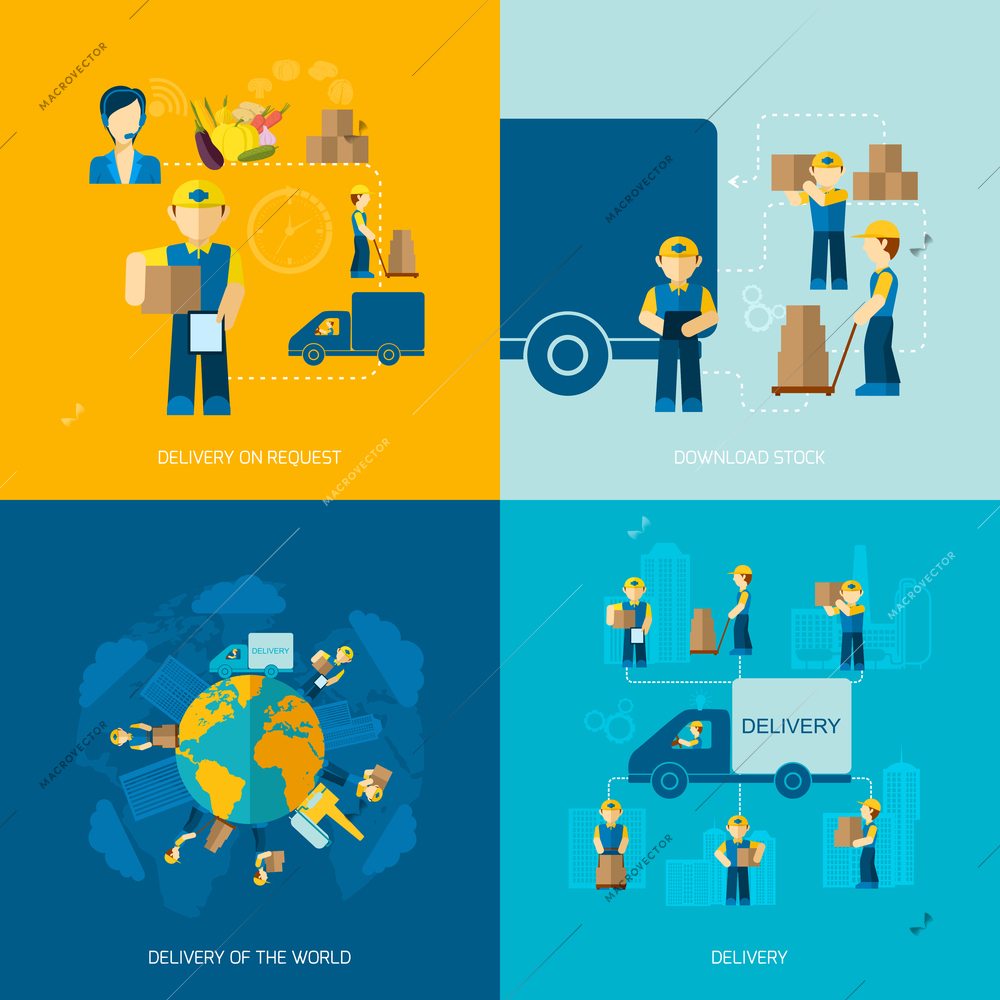 Delivery man design concepts set with request stock world icon flat isolated vector illustration