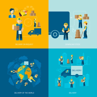 Delivery man design concepts set with request stock world icon flat isolated vector illustration