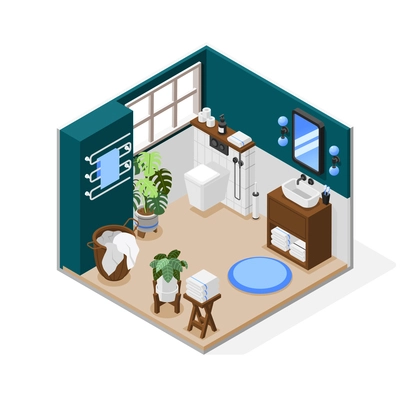 Modern room interior isometric composition with wall hung toilet washbasin linen basket and decor elements 3d vector illustration