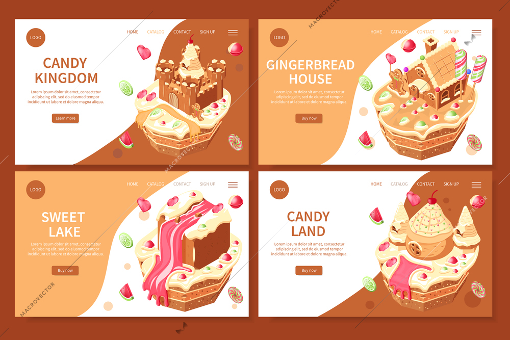 Candy land isometric web sites set with four designs for landing pages with text links images vector illustration