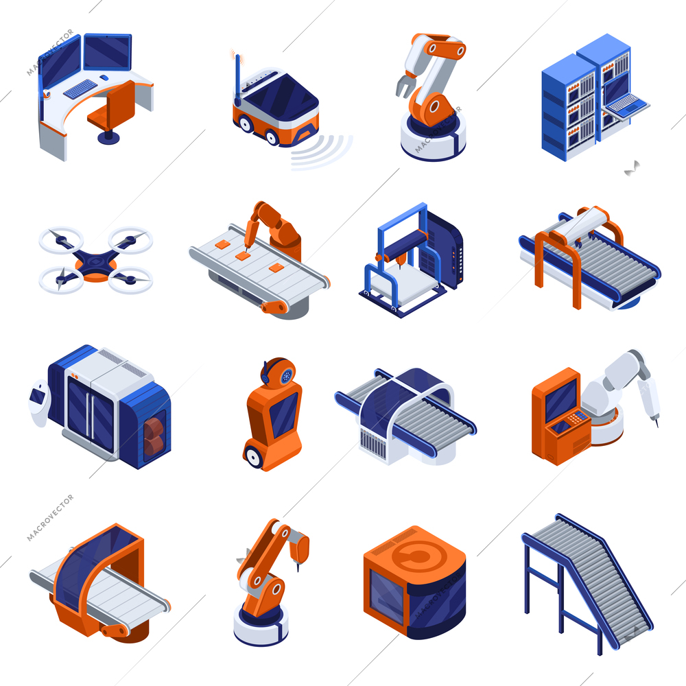 Smart industry isometric icons set with technology symbols isolated vector illustration