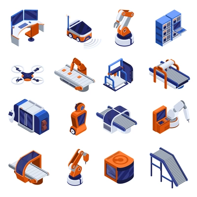 Smart industry isometric icons set with technology symbols isolated vector illustration