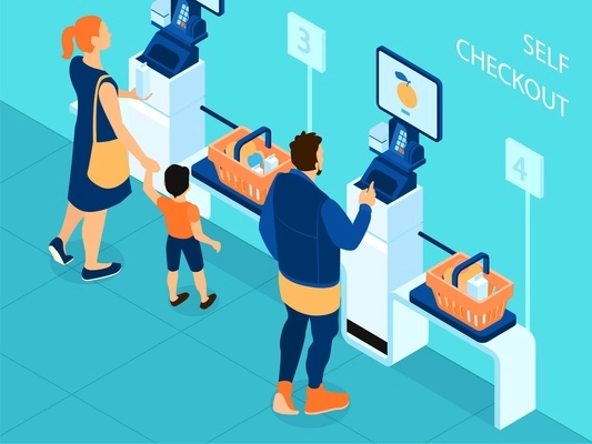 Isometric self checkout supermarket composition visitors buy groceries at self service checkout counters vector illustration