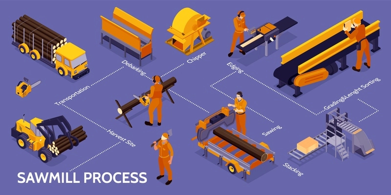 Isometric sawmill lumberjack infographic with sawmill process chipper debarking transportation harvest site and other steps vector illustration