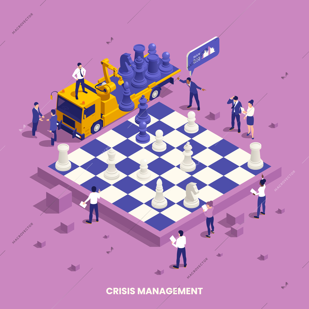 Crisis management isometric concept with business people around chess board vector illustration