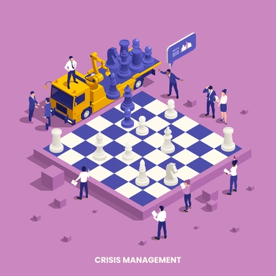 Crisis management isometric concept with business people around chess board vector illustration