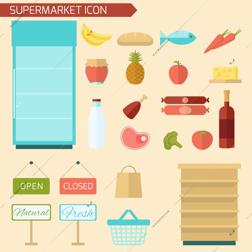 Supermarket decorative icon flat set with food items and store shelves isolated vector illustration