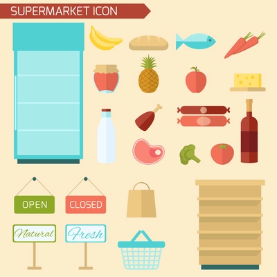 Supermarket decorative icon flat set with food items and store shelves isolated vector illustration