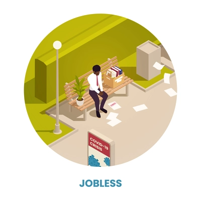 Unemployment isometric concept with jobless person in the public park vector illustration