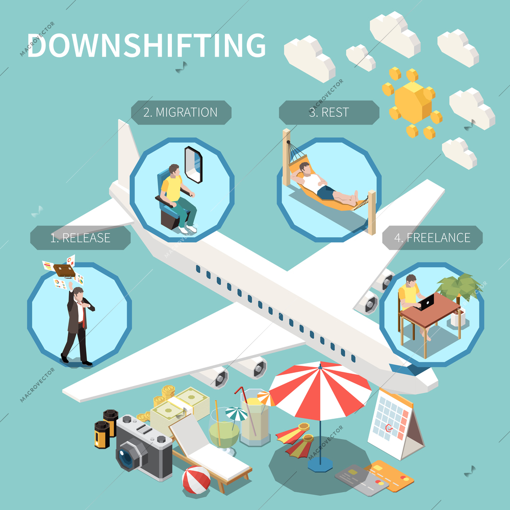 Downshifting isometric composition with office escape freelancing on island plane office and vacation symbols 3d vector illustration