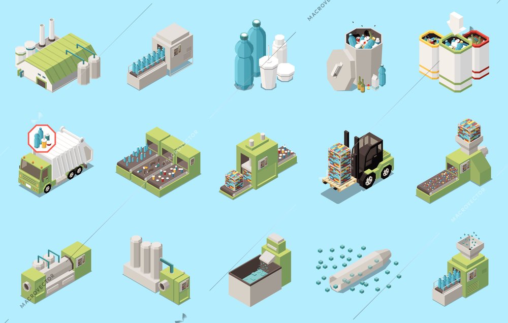 Isometric icons set with plastic production recycling transportation and processing plant equipment isolated on blue background 3d vector illustration