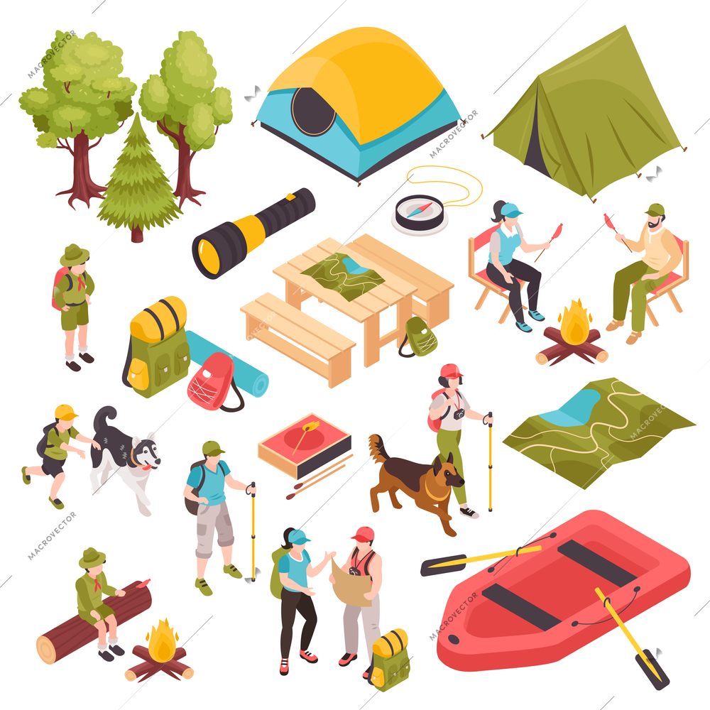 Isometric hiking and camping set with isolated human characters icons of discovery equipment tents and boat vector illustration