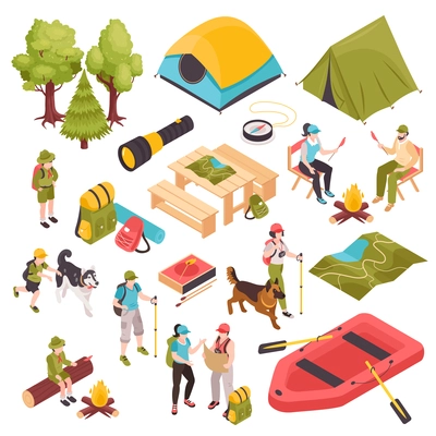 Isometric hiking and camping set with isolated human characters icons of discovery equipment tents and boat vector illustration