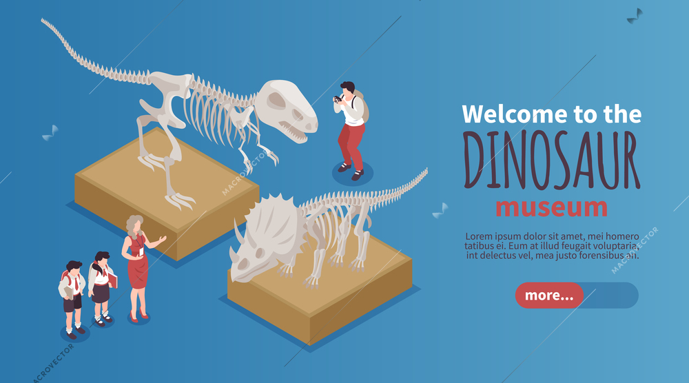 Isometric dinosaurs horizontal banner with characters of photographer guide and two kids with skeletons on pedestals vector illustration