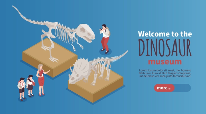 Isometric dinosaurs horizontal banner with characters of photographer guide and two kids with skeletons on pedestals vector illustration