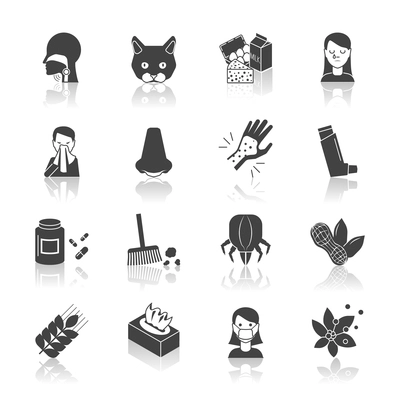 Allergy icon black set with allergens medicine and treatment symbols isolated vector illustration