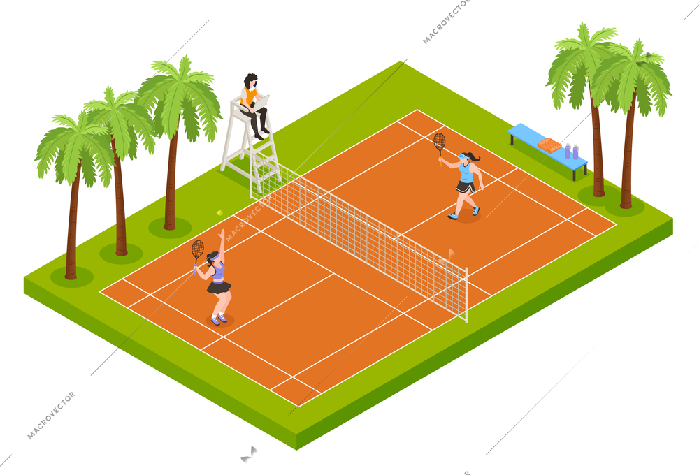 Isometric badminton composition with view of outdoor court with palm trees judge seat net and players vector illustration