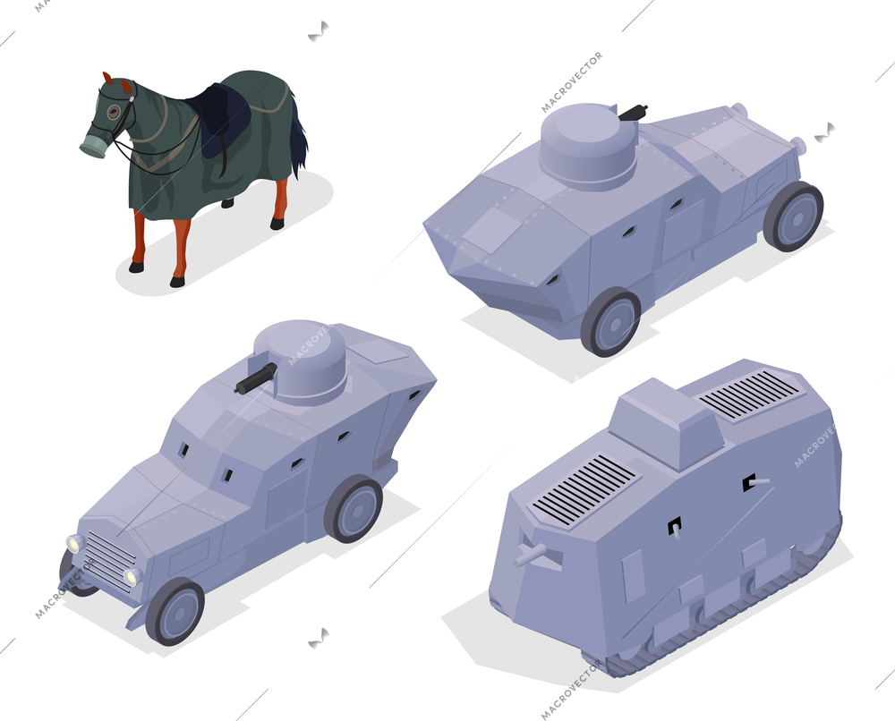 First world war military vehicles equipment including armored tanks isometric vector illustration