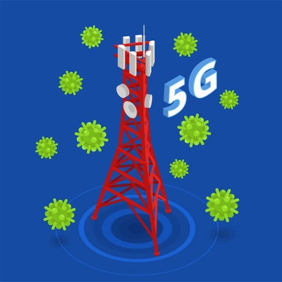 Electromagnetic pollution isometric concept with 5g tower and corona virus symbols vector illustration