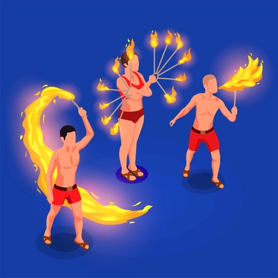 Isometric fire show male and female performers isometric vector illustration