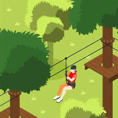 Rope park colored background with young girl character coming on zip line isometric vector illustration