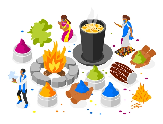 Holi isometric colored composition with national festival attributes on white background vector illustration