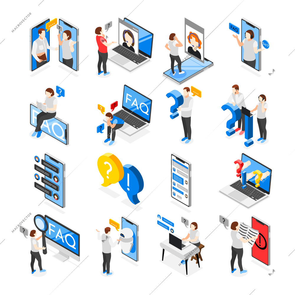 Frequently asked questions isometric set of users searching useful information or instruction for problem solving isolated vector illustration