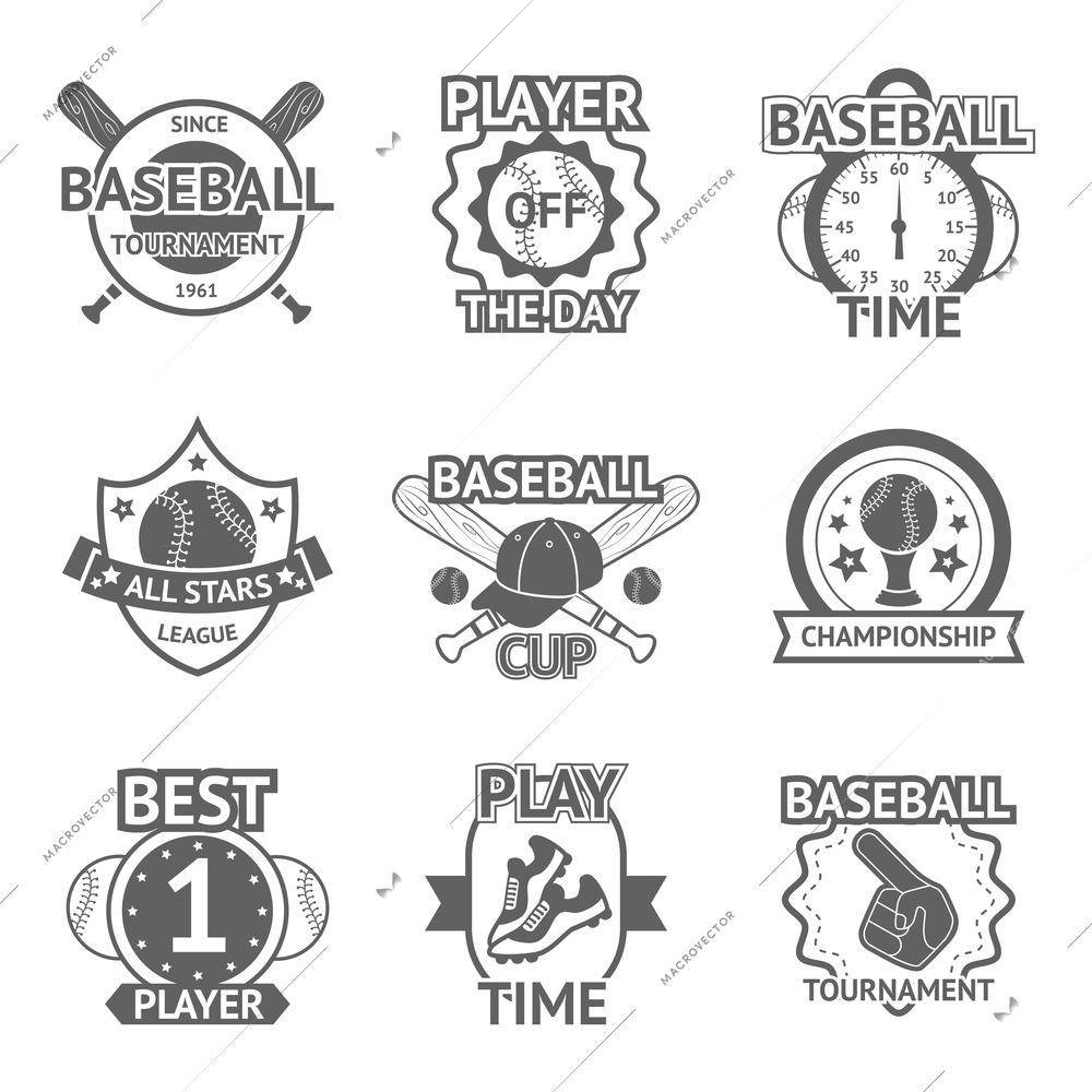 Baseball  tournament player championship black emblems set isolated vector illustration