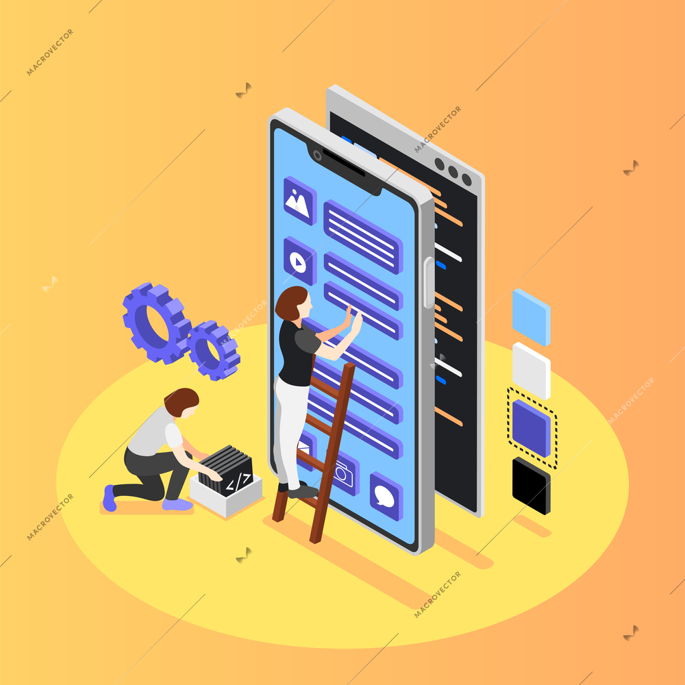 UI and UX designers isometric background with two young woman developing user interface of mobile phone application vector illustration